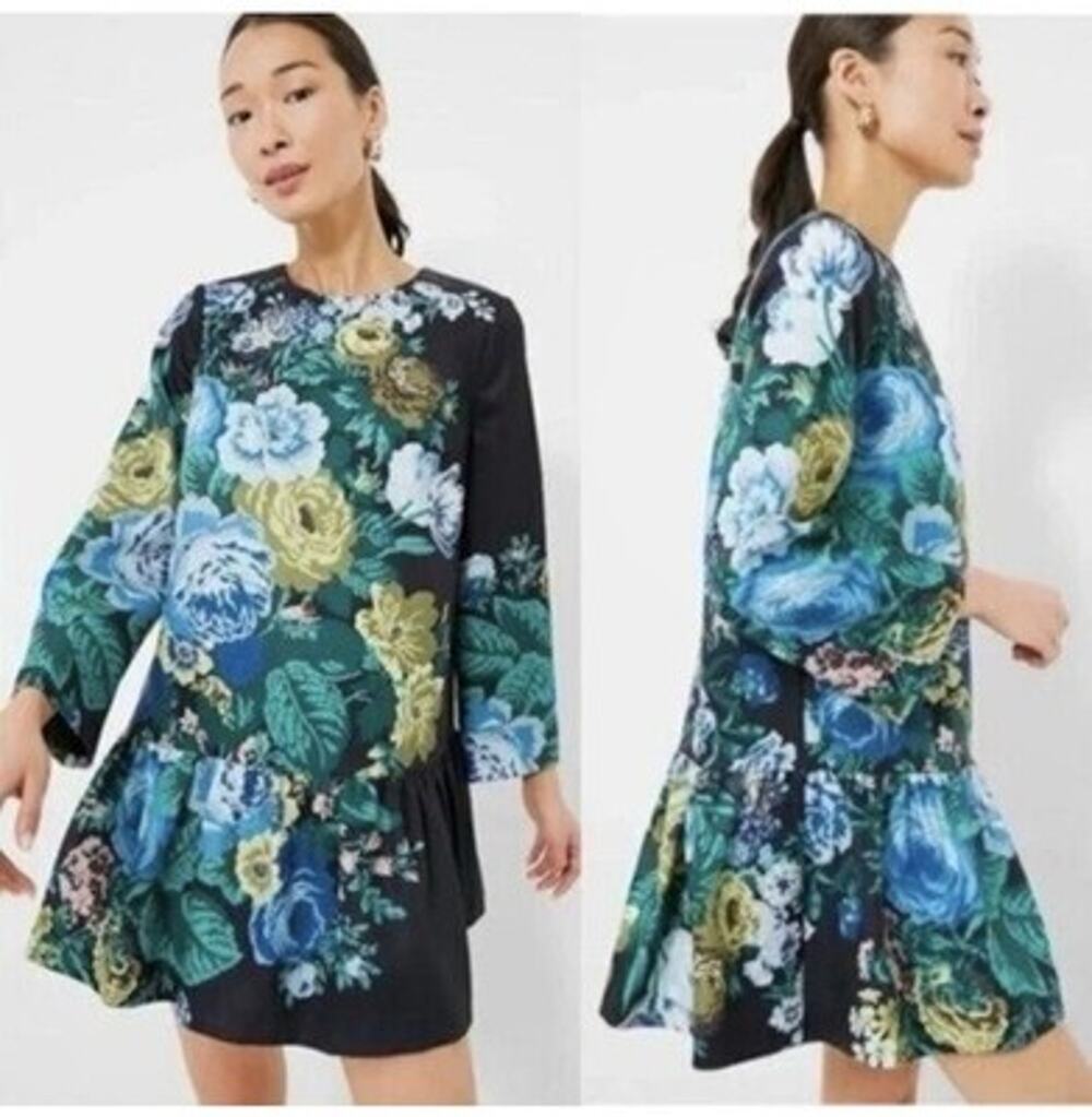 Tuckernuck Verdant Blue Floral Long Sleeve Drop Waist Pierce Dress Size Small